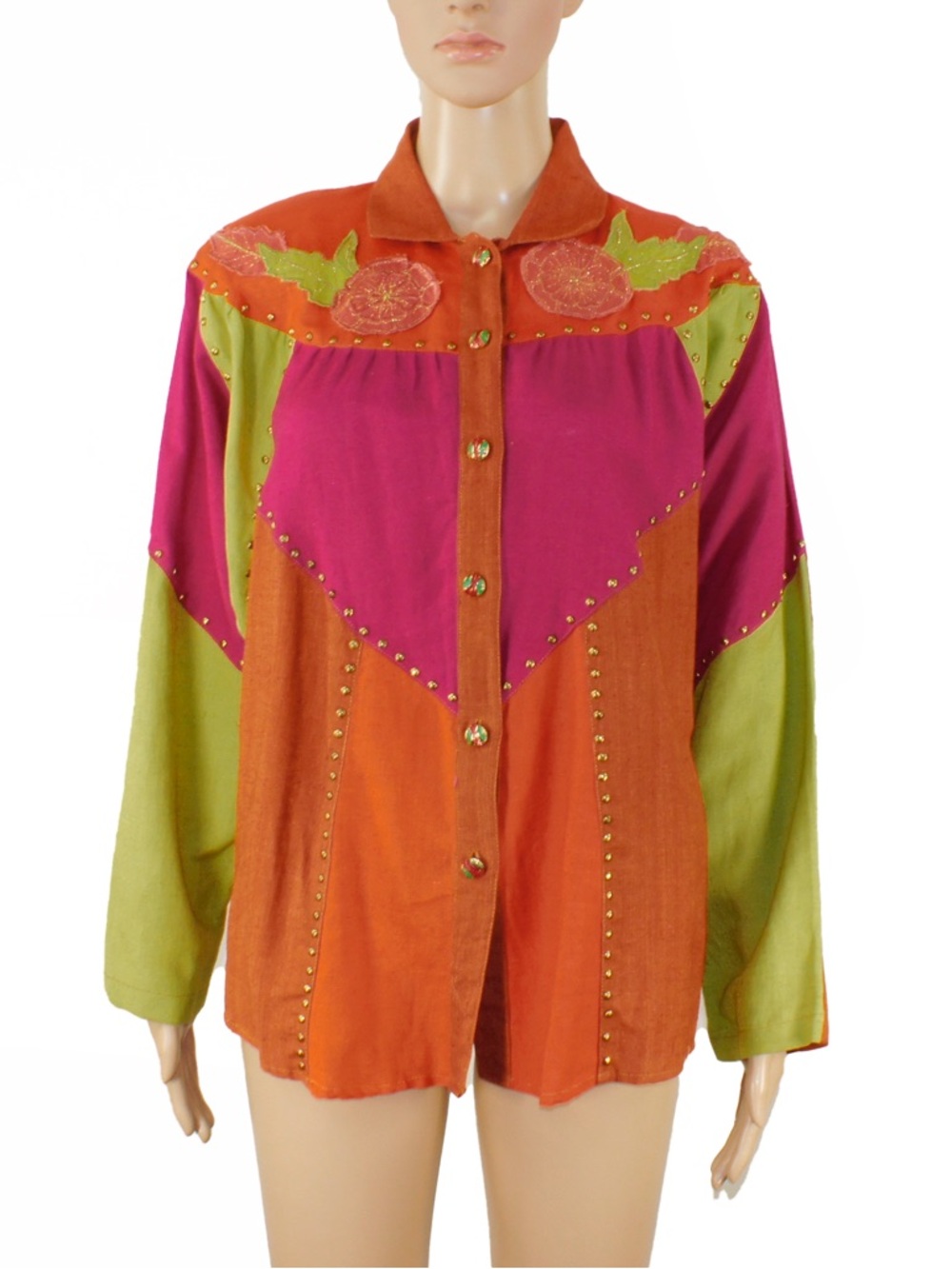 Vintage 80s 90s Bright Colorblock Patchwork Floral Western Studded Jacket Top